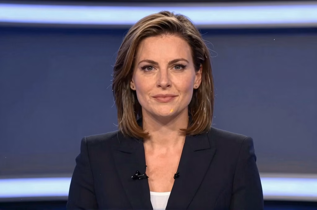 Présentatrice TV professionnelle sur plateau télévision, reconversion réussie