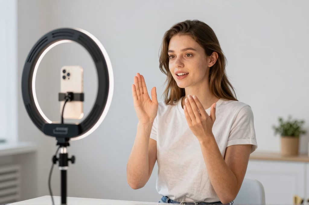 Actrice enregistrant un Reel Instagram ou TikTok avec un setup professionnel d'éclairage