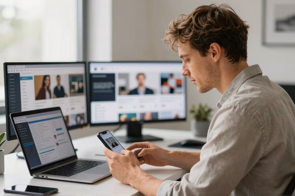 Acteur professionnel gérant ses réseaux sociaux Instagram, TikTok et LinkedIn sur son bureau