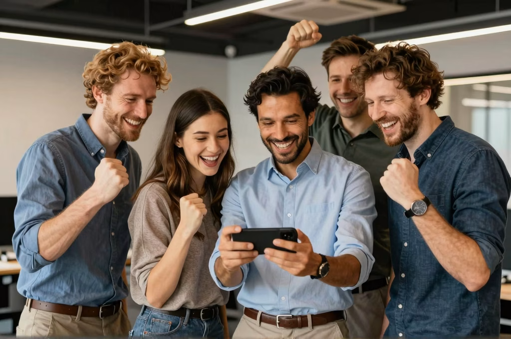 Groupe d'acteurs célébrant le succès de leur stratégie réseaux sociaux et engagement communauté