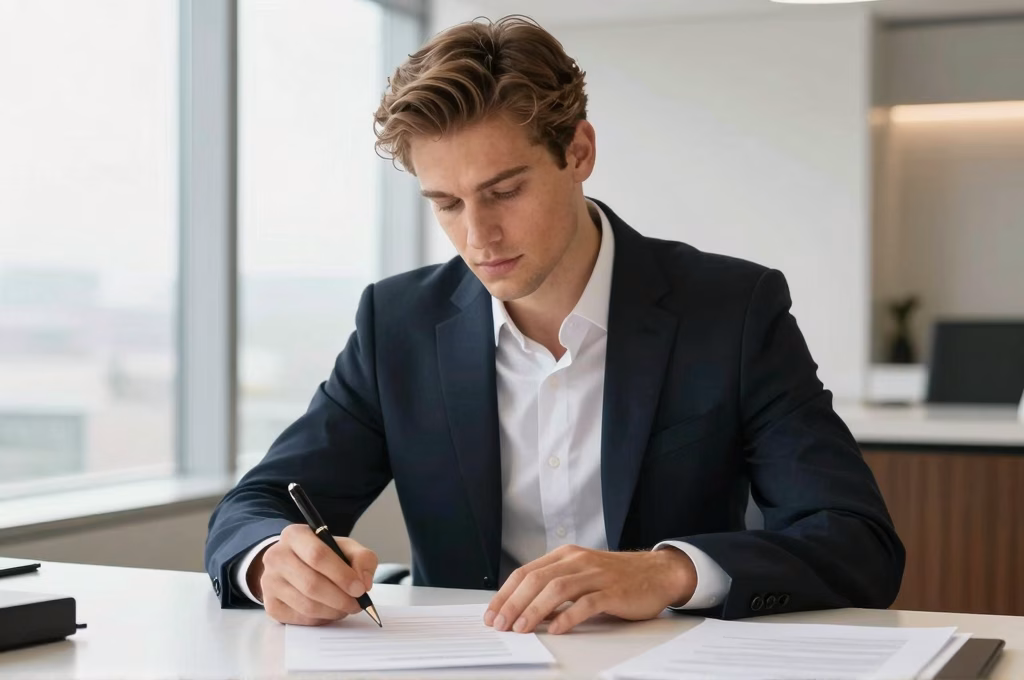 Comedien signant un contrat dans le bureau de son agent artistique