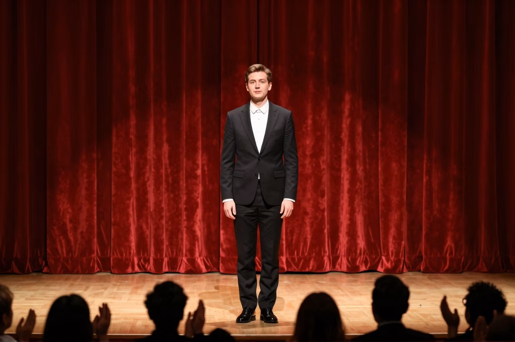 Comedien saluant le public sur scene de theatre avec rideaux rouges et projecteurs