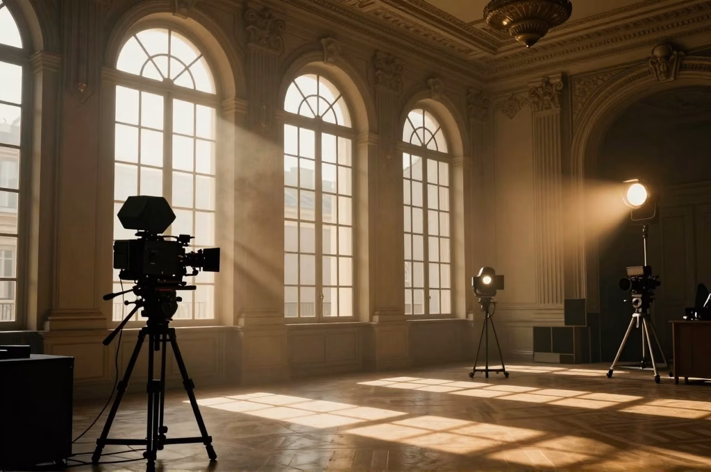 Plateau de tournage parisien avec eclairages cinematographiques evoquant la production de series francaises