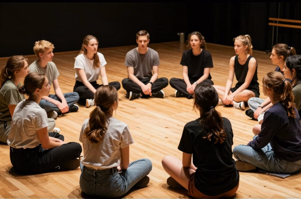 Groupe d'élèves en atelier de formation à la technique Meisner dans un studio de théâtre
