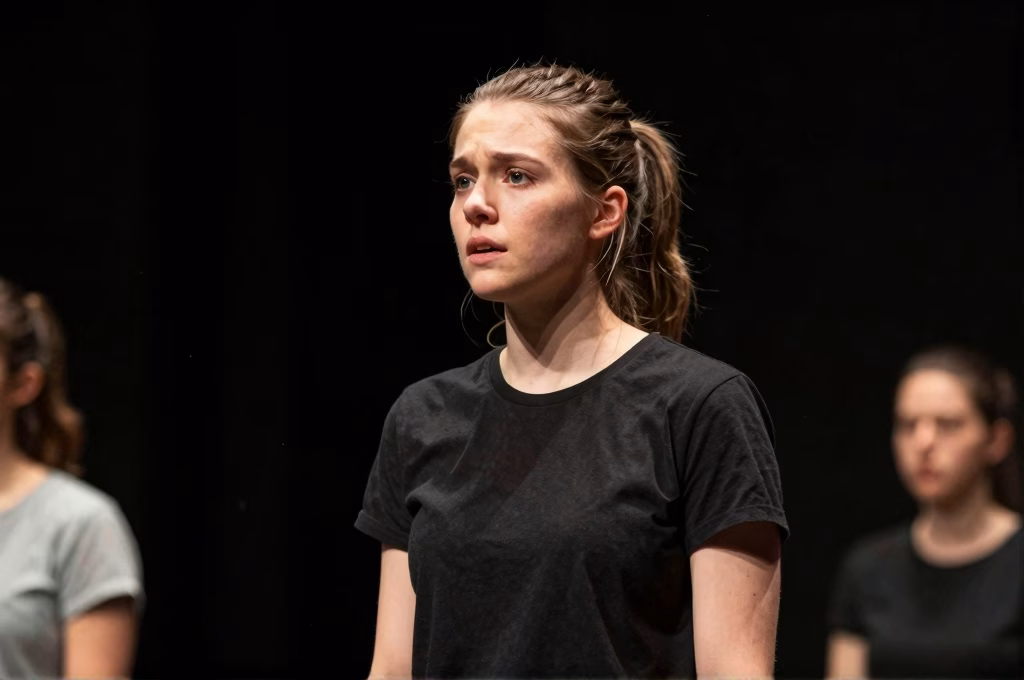 Actrice exprimant une émotion authentique lors d'un exercice de technique Meisner