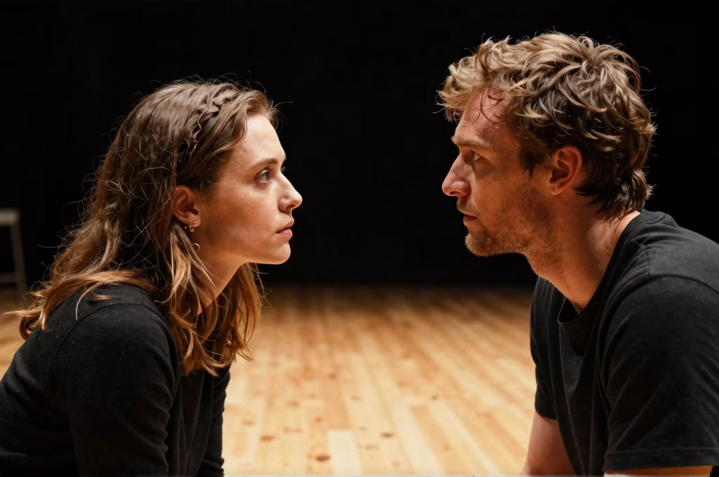 Deux acteurs face à face pratiquant l'exercice de répétition Meisner dans un studio de théâtre