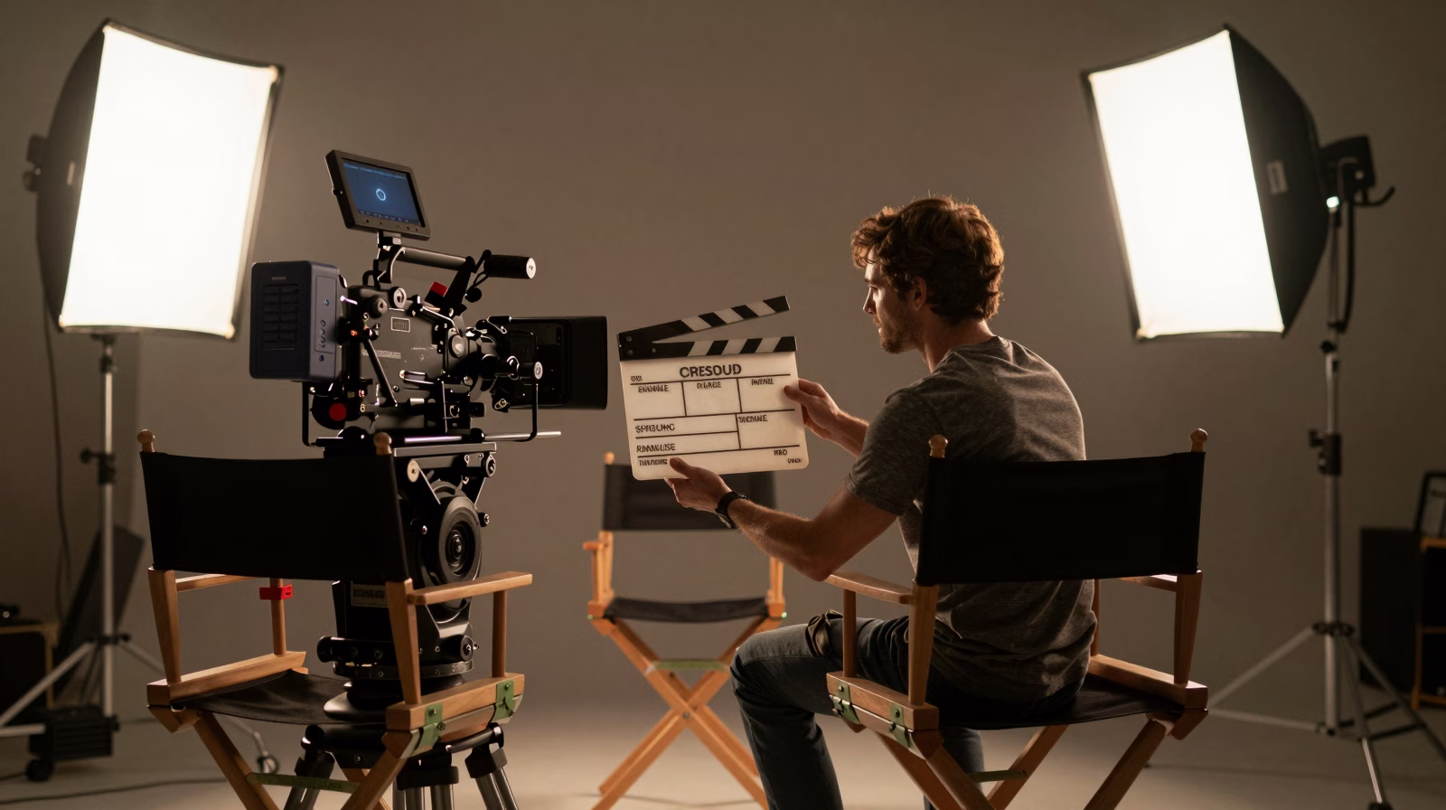 Plateau de tournage cinéma avec caméra et équipe technique en action