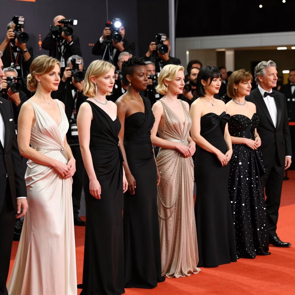Groupe de célébrités en robe de soirée élégante lors d'une cérémonie des récompenses prestigieuse avec éclairage dramatique