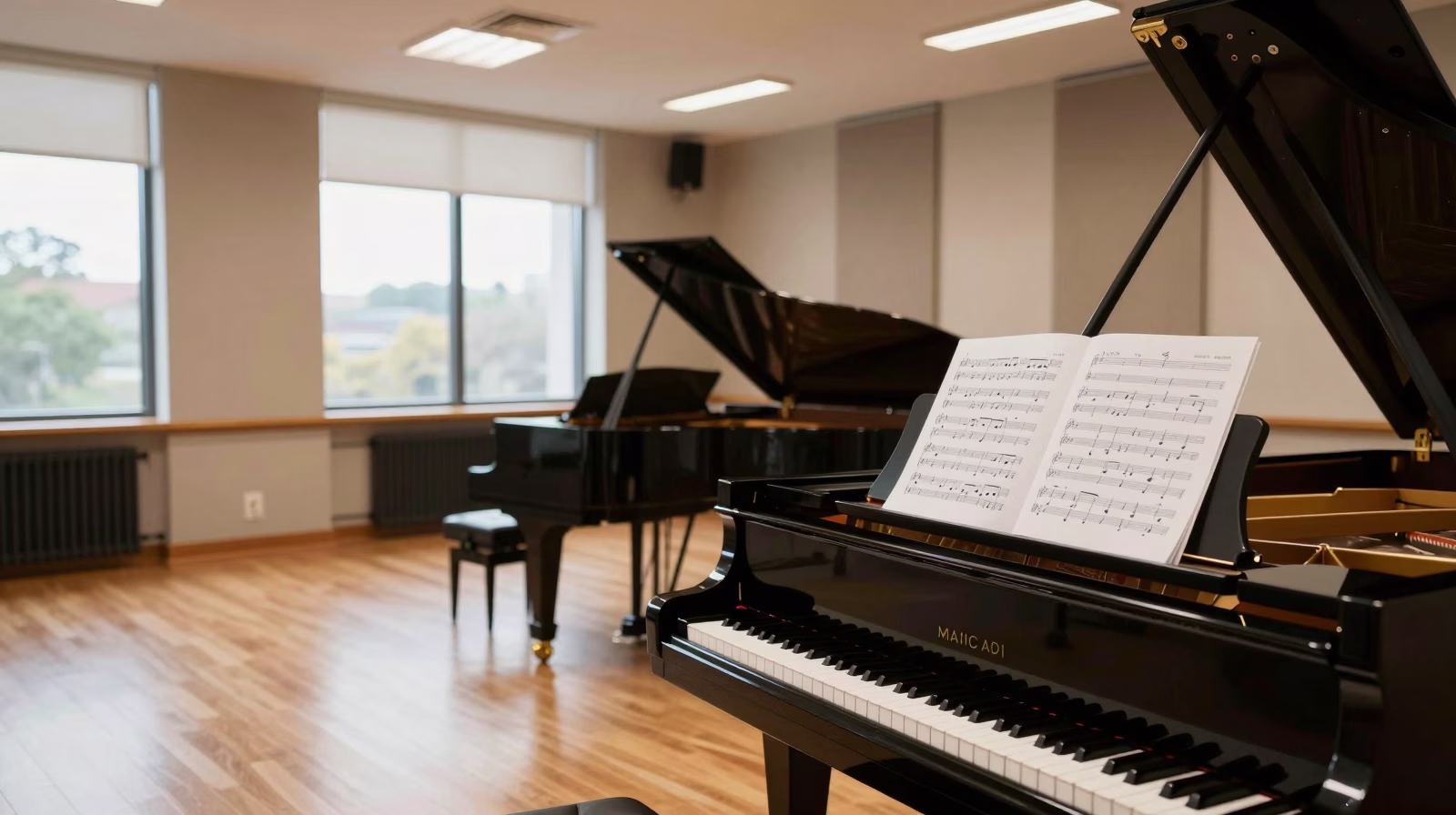 Salle de cours du Pôle Sup 93 avec piano à queue